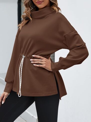 Fisoew Womens Turtleneck Sweatshirt Long Sleeve Side Split Pullover Tops for Leggings with Drawstring Waist in Saudi Arabia