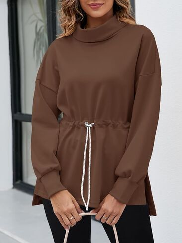 Fisoew Womens Turtleneck Sweatshirt Long Sleeve Side Split Pullover Tops for Leggings with Drawstring Waist in Saudi Arabia