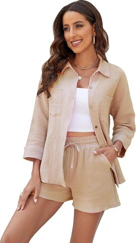 PEHMEA طقم ملابس نسائي مكون من قطعتين من القطن بأكمام طويلة وأزرار للأسفل، طقم شورت عالي الخصر in Kuwait