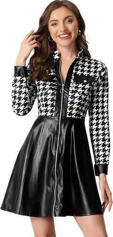 Allegra K Women's PU Faux Leather Houndstooth Patchwork Zipper Up Club Party A-Line Dress in Saudi Arabia