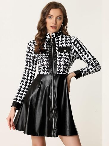 Allegra K Women's PU Faux Leather Houndstooth Patchwork Zipper Up Club Party A-Line Dress in Saudi Arabia