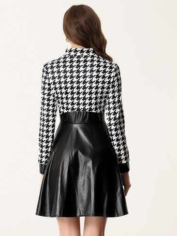Allegra K Women's PU Faux Leather Houndstooth Patchwork Zipper Up Club Party A-Line Dress in Saudi Arabia
