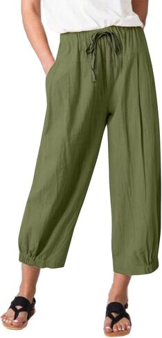 Stomeshle Women High Waist Casual Wide Leg Palazzo Pants Linen Drawstring Cropped Pants Trousers Regular Size in Saudi Arabia