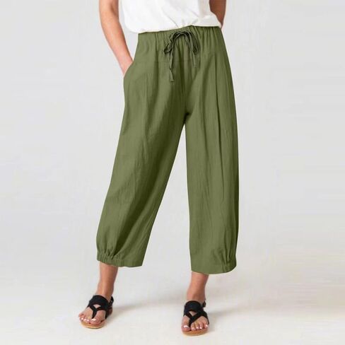 Stomeshle Women High Waist Casual Wide Leg Palazzo Pants Linen Drawstring Cropped Pants Trousers Regular Size in Saudi Arabia