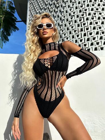 ملابس داخلية نسائية من OYOANGLE ذات شبكة صيد السمك تيدي من الدانتيل بدون ظهر وأكمام طويلة قطعة واحدة in Kuwait