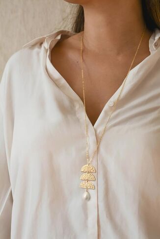 18K Gold Bar/Pearl / 3 Circles / 3 Half-Round Pendant Necklace Long Chain Y Necklace Minimalist Layering Jewelry for Women in Saudi Arabia