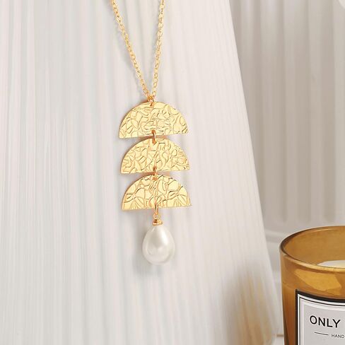 18K Gold Bar/Pearl / 3 Circles / 3 Half-Round Pendant Necklace Long Chain Y Necklace Minimalist Layering Jewelry for Women in Saudi Arabia
