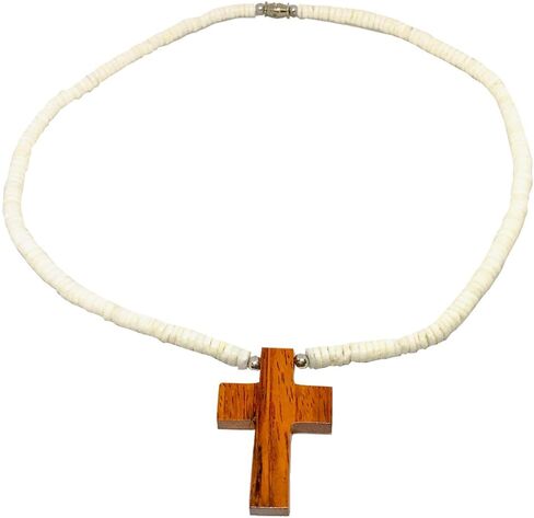 صليب خشبي منحوت يدويًا من مجوهرات هاواي مع قلادة من أصداف هيشي بوكا الناعمة in Kuwait