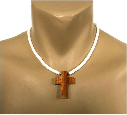 صليب خشبي منحوت يدويًا من مجوهرات هاواي مع قلادة من أصداف هيشي بوكا الناعمة in Kuwait