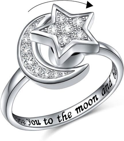Anxiety Rings for Women S925 Sterling Silver Created Moonstone Opal Turquoise Sun Star and Moon Spinner Ring Adjustable Open Stress Relieving Ring Jewelry Gift for Women Men Teenage,7# in Saudi Arabia