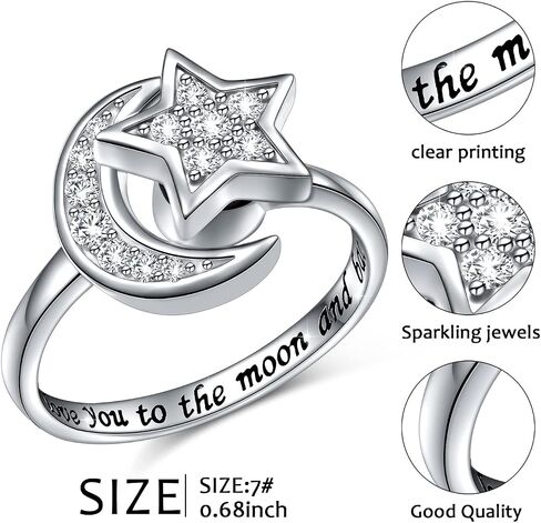 Anxiety Rings for Women S925 Sterling Silver Created Moonstone Opal Turquoise Sun Star and Moon Spinner Ring Adjustable Open Stress Relieving Ring Jewelry Gift for Women Men Teenage,7# in Saudi Arabia