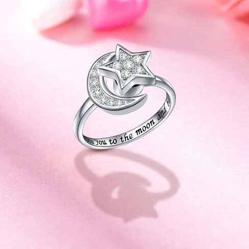 Anxiety Rings for Women S925 Sterling Silver Created Moonstone Opal Turquoise Sun Star and Moon Spinner Ring Adjustable Open Stress Relieving Ring Jewelry Gift for Women Men Teenage,7# in Saudi Arabia