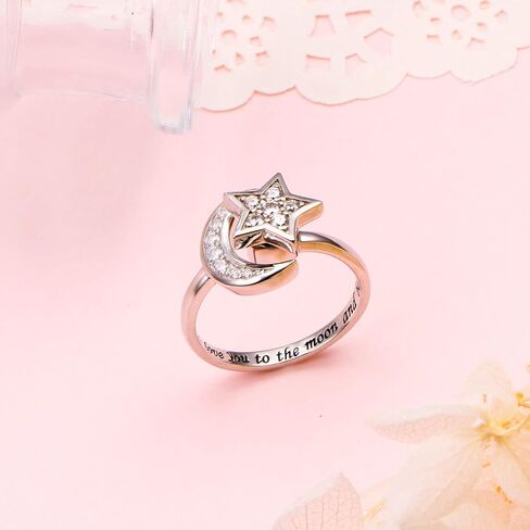 Anxiety Rings for Women S925 Sterling Silver Created Moonstone Opal Turquoise Sun Star and Moon Spinner Ring Adjustable Open Stress Relieving Ring Jewelry Gift for Women Men Teenage,7# in Saudi Arabia