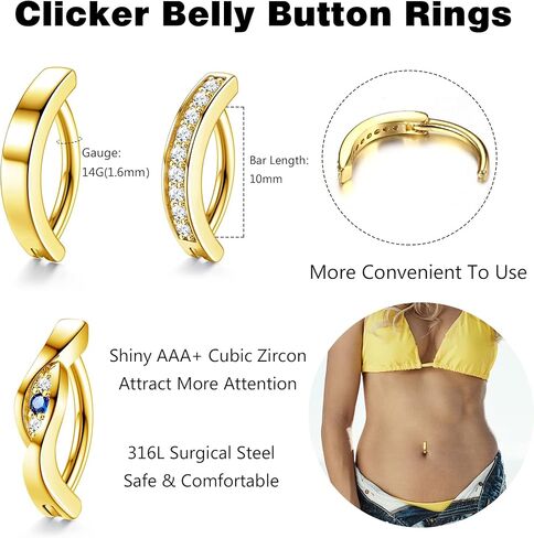 SAILIMUE 10 قطع من حلقات زر البطن للنساء 14 جرام تشيكوسلوفاكيا أوبال حلقات بطن مفردة/مزدوجة من الفولاذ المقاوم للصدأ حلقات السرة المنحنية العكسية مجوهرات ثقب الجسم in Kuwait