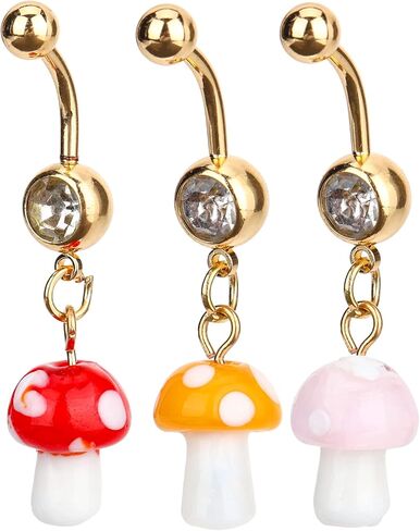 USHOBE Belly Button Ring Dangle Curved Navel Barbells Bar 3Pcs Mushroom Earrings Eyebrow Rings Piercing Jewelry for Women, 4.56x1CM, resin, alloy in Kuwait