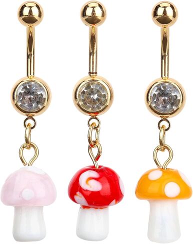 USHOBE Belly Button Ring Dangle Curved Navel Barbells Bar 3Pcs Mushroom Earrings Eyebrow Rings Piercing Jewelry for Women, 4.56x1CM, resin, alloy in Kuwait