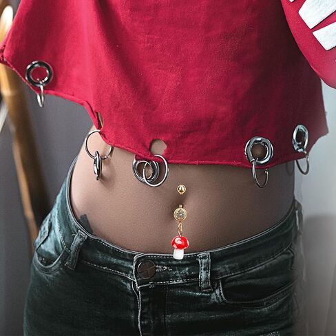 USHOBE Belly Button Ring Dangle Curved Navel Barbells Bar 3Pcs Mushroom Earrings Eyebrow Rings Piercing Jewelry for Women, 4.56x1CM, resin, alloy in Kuwait