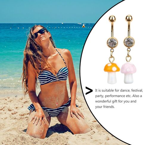 USHOBE Belly Button Ring Dangle Curved Navel Barbells Bar 3Pcs Mushroom Earrings Eyebrow Rings Piercing Jewelry for Women, 4.56x1CM, resin, alloy in Kuwait