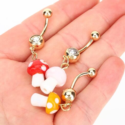 USHOBE Belly Button Ring Dangle Curved Navel Barbells Bar 3Pcs Mushroom Earrings Eyebrow Rings Piercing Jewelry for Women, 4.56x1CM, resin, alloy in Kuwait