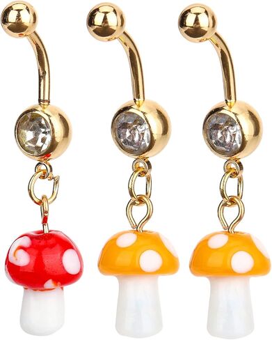 USHOBE Belly Button Ring Dangle Curved Navel Barbells Bar 3Pcs Mushroom Earrings Eyebrow Rings Piercing Jewelry for Women, 4.56x1CM, resin, alloy in Kuwait