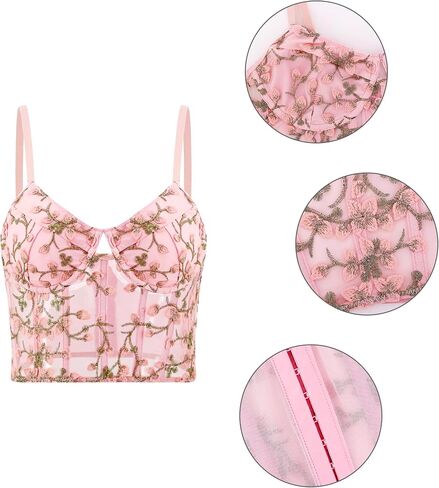 Segreto Women's Floral Embroidered Bustier Sheer Mesh Corset Tops Spaghetti Strap Boned Crop Top Party ClubWear in Saudi Arabia