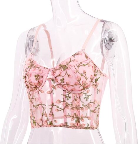 Segreto Women's Floral Embroidered Bustier Sheer Mesh Corset Tops Spaghetti Strap Boned Crop Top Party ClubWear in Saudi Arabia