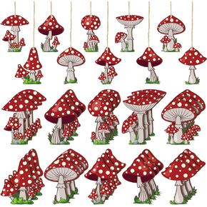 30 Pieces Mushroom Wood Ornaments Hanging Decoration Mushroom Wooden Slices Tree Ornaments with String for Mushroom Party Supplies Hawaiian Party Decoration