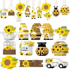 48 Pack Sunflower Gnome Ornament Summer Tree Ornaments Yellow Flower Hanging Wooden Pendant Summer Party Decorations Sunflower Party Favors Hanging Ornaments with Rope for Home Tree Decor