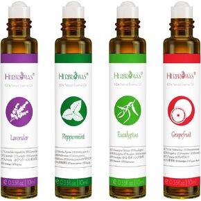 Essential Oil Roll On Set with Lavender, Peppermint, Eucalyptus & Grapefruit - Aromatherapy Relaxation Gift for Women - 4 Pack of 10ml Roll-Ons