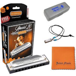 Hohner Harmonica Special 20 Key Bb Progressive Series 560PBXBb 10 Holes, Bundle with Hard Case, Mini Harmonica Necklace Juliet Music Polishing Cloth