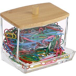 BTSKY Clear Stackable Paper Clip Holder with Bamboo Lid 2-Layer Paperclip Box Thick Acrylic Office Supply Accessory Organizer Square Small Storage Holder Cute Qtip Holder for Office Bathroom Vanity