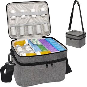 Travel Medicine Organizer and Storage Bag - Double Layers Pill Bottle Organizer Bag for Emergency Medication,Supplements or Medical Kits, Zippered Lockable Empty Medicine Bag for Home (Black, L)