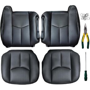 Driver and Passenger Side Bottom Leather Seat Cover for Chevy Silverado GMC Sierra Avalanche Yukon Suburban Tahoe 2003-2006 with Hog Ring Upholstery Installation Kit (Black)