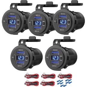 [5 Pack] 12v USB Outlet, Dual USB Quick Charge 3.0 Port and PD USB C Car Charger Socket Waterproof with Voltmeter and Power Switch for Car Golf Cart Boat Marine Bus Truck RV Marine Motorcycle