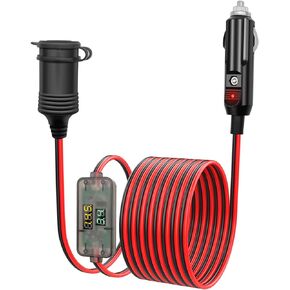 6.5FT 12V/24V Cigarette Lighter Extension Cord with Voltammeter for Car Vehicle Tire Pump Air Compressor Heavy Duty Cigarette Lighter Extension Lead (15A,16AWG)