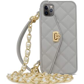 Omio for iPhone 12 Pro Handbag Case with Card Holder Wrist Lanyard Strap Soft Silicone Cover Wallet Case for Women Luxury Stylish Long Pearl Crossbody Chain Case Gray