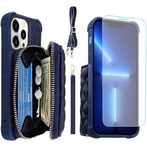 MONASAY Zipper Wallet Case Fit for iPhone 13 Pro Max, 6.7in [Glass Screen Protector ][RFID Blocking] Flip Leather Handbag Phone Cover with Card Holder, Crossbody Lanyard Strap, Black