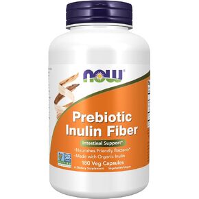 NOW Supplements, Prebiotic Inulin Fiber, Intestinal Support*, Nourishes Friendly Bacteria*, Made with Organic Inulin, 180 Veg Capsules