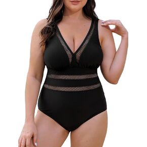 CUPSHE Women's One Piece Swimsuit Plus Size Bathing Suit V Neck Hollow Out Mesh Swimwear