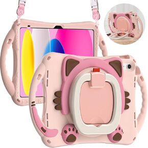 BRAECN iPad 10th Generation Case 2022 10.9 inch A2696 A2757 A2777, Heavy Duty Rugged Silicone Case with Swivel Ring Stand/Stable Kickstand/Shoulder Strap/Pencil Holder/Screen Protector, Colorful Pink