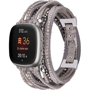 V-MORO Bracelet Compatible with Fitbit Versa 4/Versa 3/Fitbit Sense 2/Sense Bands for Women, Dressy Multilayer Wrap Suede Leather Strap Wristband with Updated Adjustable Clasp-Khaki