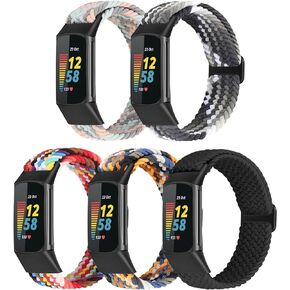 Braided Stretchy Solo Loop Compatible for Fitbit Charge 5 Bands for Women Men, Nylon Elastic Straps Wristbands for Fitbit Charge 5, 5 Packs