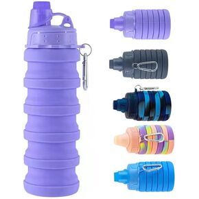 Collapsible Water Bottles 2 pack Travel Water Bottle Portable Hiking Water Bottle with Leak proof Twist Cap 500ML Reusable BPA Free Silicone Water Bottles (Style1, Black+Purple)