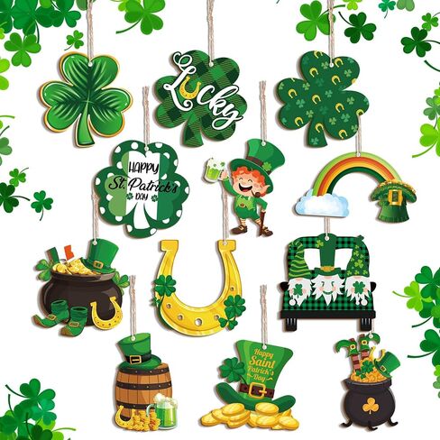St. Patricks Day Decorations Wooden Shamrock Ornaments Good Luck Clover Hanging Ornament Craft for Tree Shamrock 12 Styles Irish Saint Patricks Day Tree Hanging Decorations(24 Pieces) in Saudi Arabia