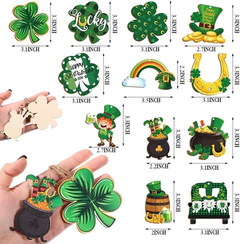 St. Patricks Day Decorations Wooden Shamrock Ornaments Good Luck Clover Hanging Ornament Craft for Tree Shamrock 12 Styles Irish Saint Patricks Day Tree Hanging Decorations(24 Pieces) in Saudi Arabia