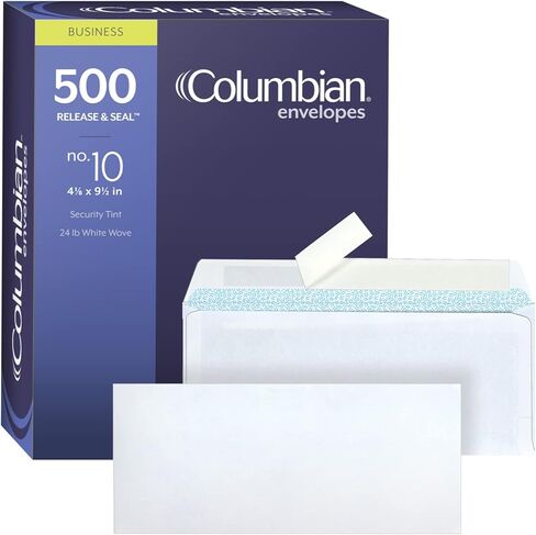 أظرف عمل كولومبية رقم 10، ذاتية الغلق، ملونة بأمان، بدون نافذة، 4-1/8 بوصة × 9-1/2 بوصة، 500 لكل صندوق، أبيض (COLO145) in Kuwait