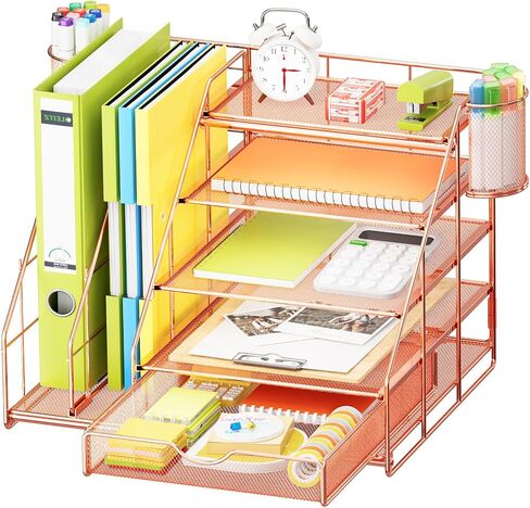 Marbrasse Desk Organizer with File Holder, 5-Tier Desk Organizers and Accessories with Drawer and 2 Pen Holder, Mesh Paper Letter Tray, Desktop Organizer and Storage for Office Supplies (Rose Gold) in Saudi Arabia