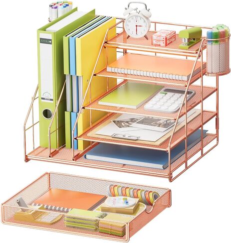 Marbrasse Desk Organizer with File Holder, 5-Tier Desk Organizers and Accessories with Drawer and 2 Pen Holder, Mesh Paper Letter Tray, Desktop Organizer and Storage for Office Supplies (Rose Gold) in Saudi Arabia