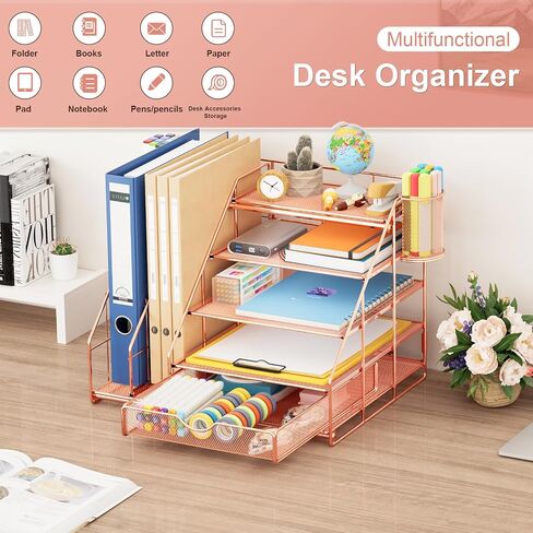 Marbrasse Desk Organizer with File Holder, 5-Tier Desk Organizers and Accessories with Drawer and 2 Pen Holder, Mesh Paper Letter Tray, Desktop Organizer and Storage for Office Supplies (Rose Gold) in Saudi Arabia