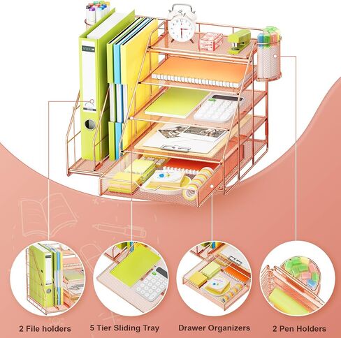 Marbrasse Desk Organizer with File Holder, 5-Tier Desk Organizers and Accessories with Drawer and 2 Pen Holder, Mesh Paper Letter Tray, Desktop Organizer and Storage for Office Supplies (Rose Gold) in Saudi Arabia